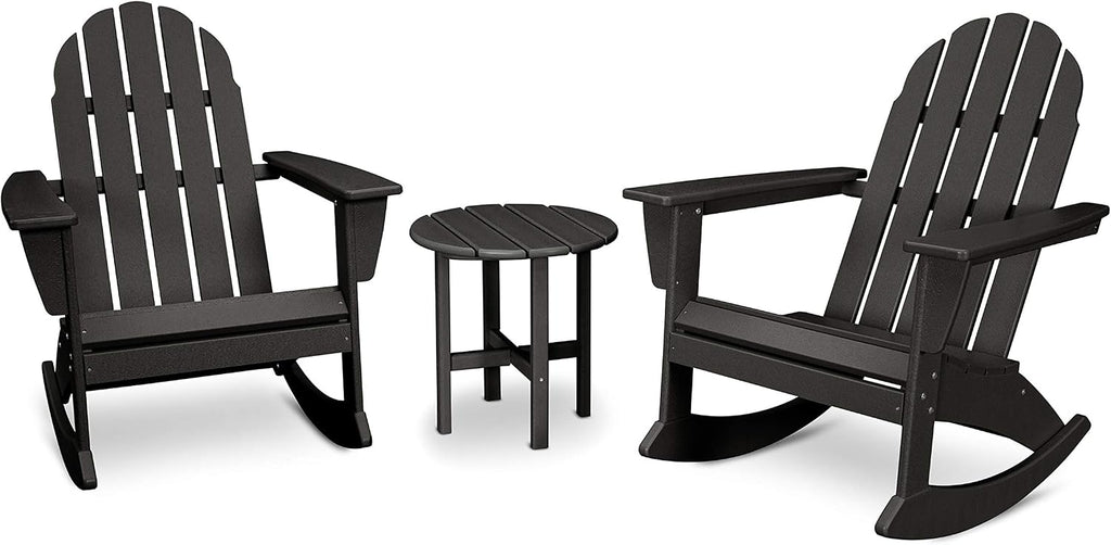 POLYWOOD Vineyard Adirondack 3-Piece Rocking Chair Set, Outdoor Patio Furniture with Side Table, HDPE All-Weather Porch Rockers, Fade-Proof, Black