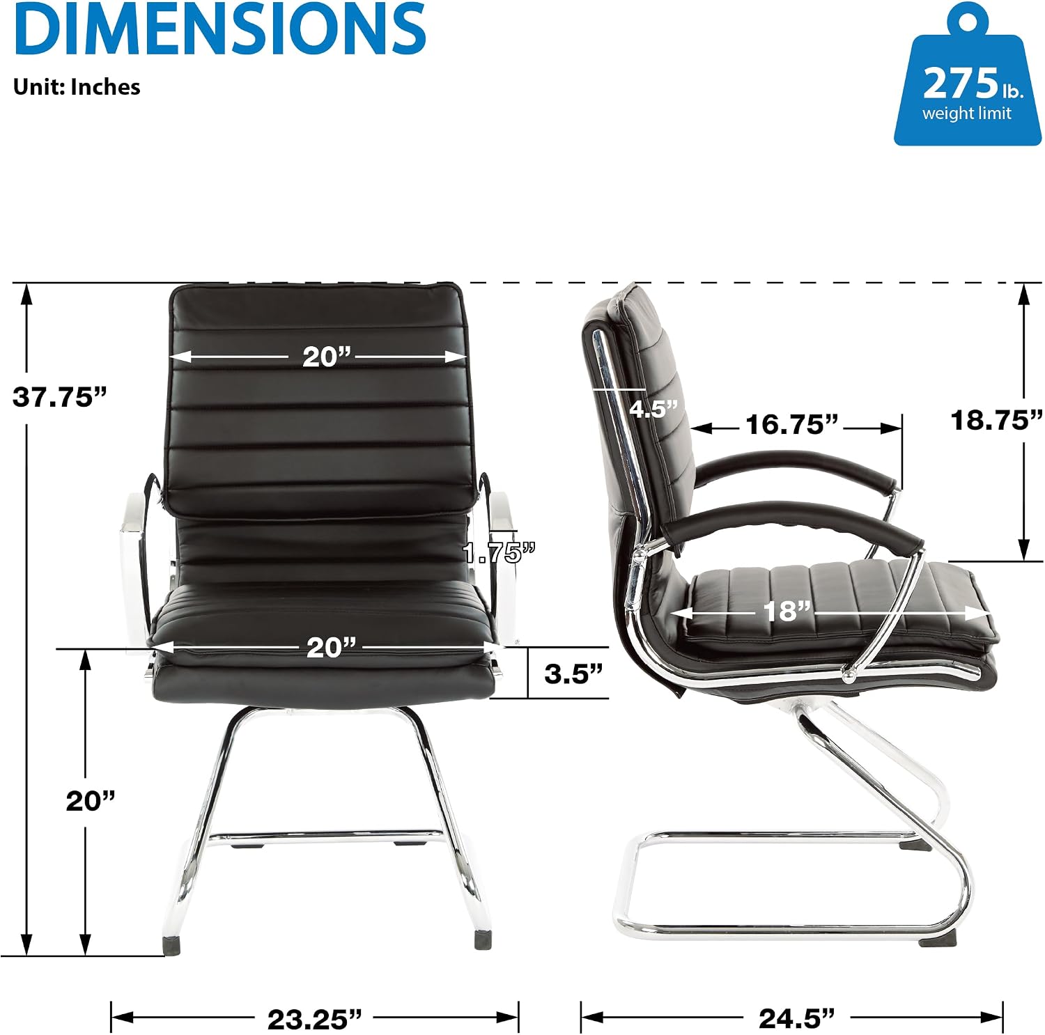 Office Star SPX Professional Ergonomic Ribbed Faux Leather Office Chair with Chrome Base, Mid Back Guest Chair with Loop Arms, Black