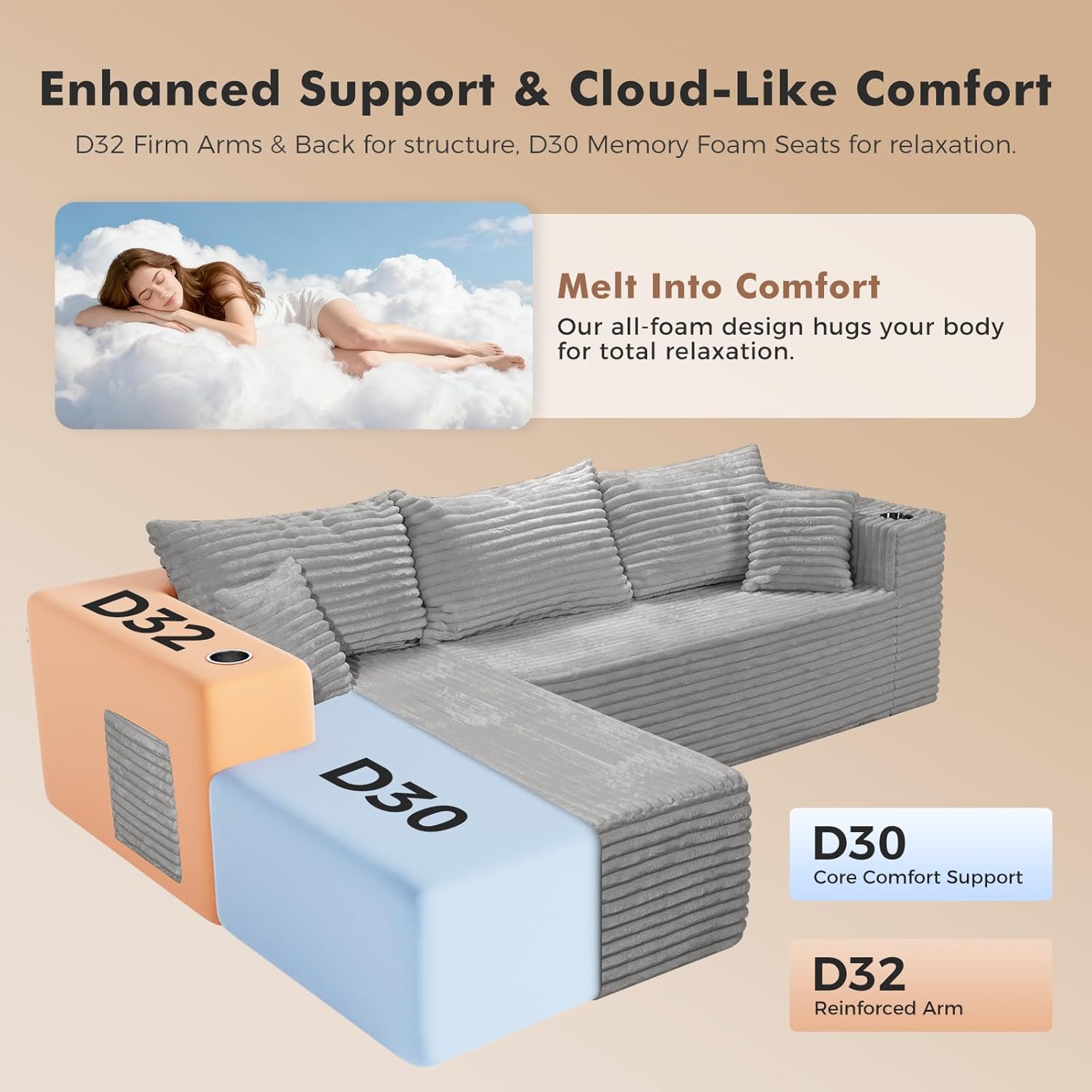ELUCHANG Oversized 108” Boneless Couch, Comfy Cloud Modular Sectional Sofa, L-Shape Sofa with Chaise, Memory Foam Upholstered Couch for Living Room, Bedroom, No Assembly Required, Corduroy Grey