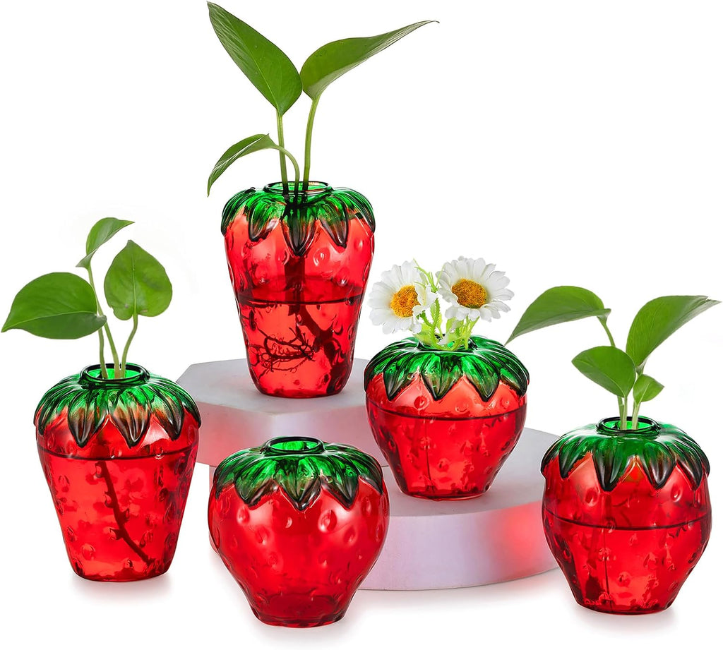 Glass Strawberry Propagation Vases for Plants: 5PCS Cute Strawberry Decor for Home Kitchen Bathroom Office - Unique Indoor Hydroponic Planters Gifts for Mom Women Mothers Day (Red)