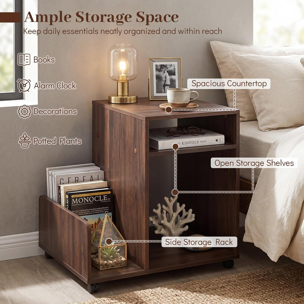 Giantex Rolling End Table with Storage, 3-Tier Mobile Sofa Couch Side Table w/Magazine Rack & Open Storage Shelves & Lockable Wheels, Farmhouse Night Stand for Bedroom Living Room, Espresso