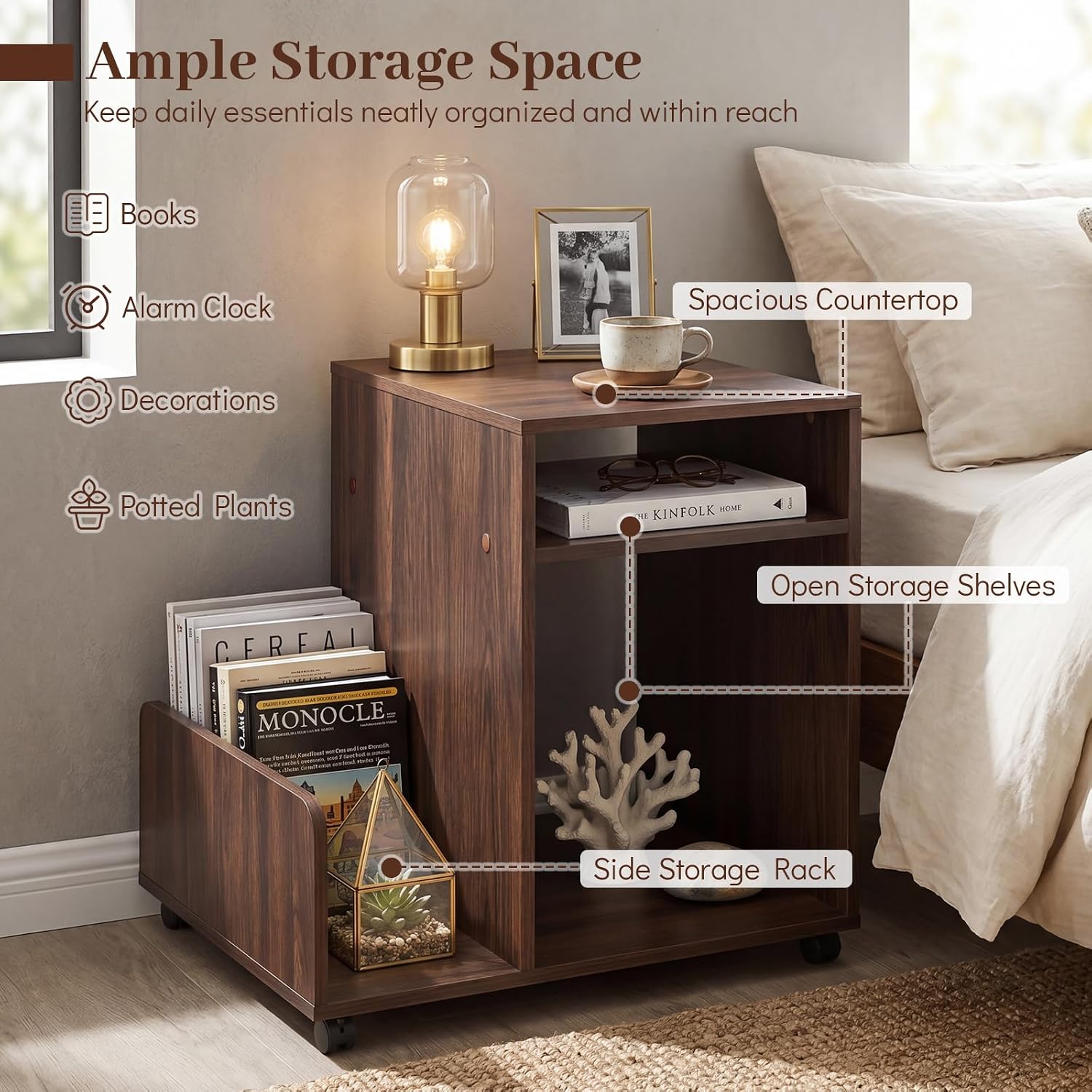 Giantex Rolling End Table with Storage, 3-Tier Mobile Sofa Couch Side Table w/Magazine Rack & Open Storage Shelves & Lockable Wheels, Farmhouse Night Stand for Bedroom Living Room, Espresso
