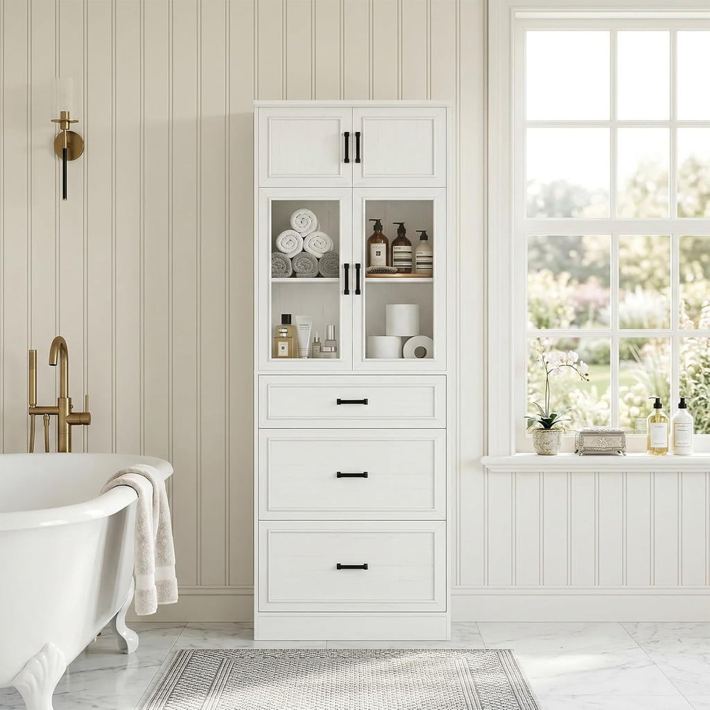 Unikito 80" Tall Kitchen Pantry Storage Cabinet with Glass Doors, Adjustable Shelves & 3 Drawers, Versatile Tall Storage Cupboard for Kitchen, Dining Room, Living Room, Bathroom White