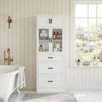 Unikito 80" Tall Kitchen Pantry Storage Cabinet with Glass Doors, Adjustable Shelves & 3 Drawers, Versatile Tall Storage Cupboard for Kitchen, Dining Room, Living Room, Bathroom White