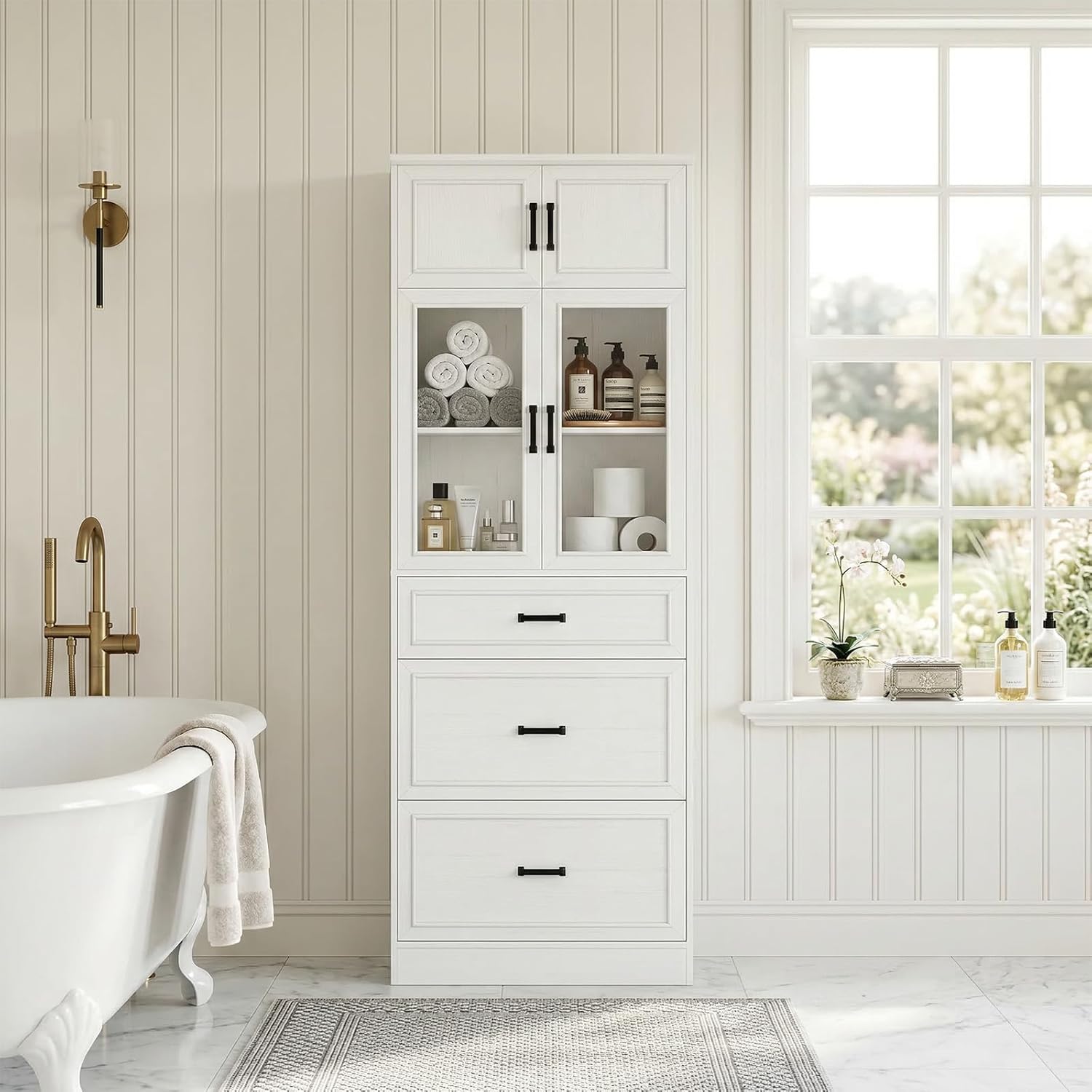 Unikito 80" Tall Kitchen Pantry Storage Cabinet with Glass Doors, Adjustable Shelves & 3 Drawers, Versatile Tall Storage Cupboard for Kitchen, Dining Room, Living Room, Bathroom White