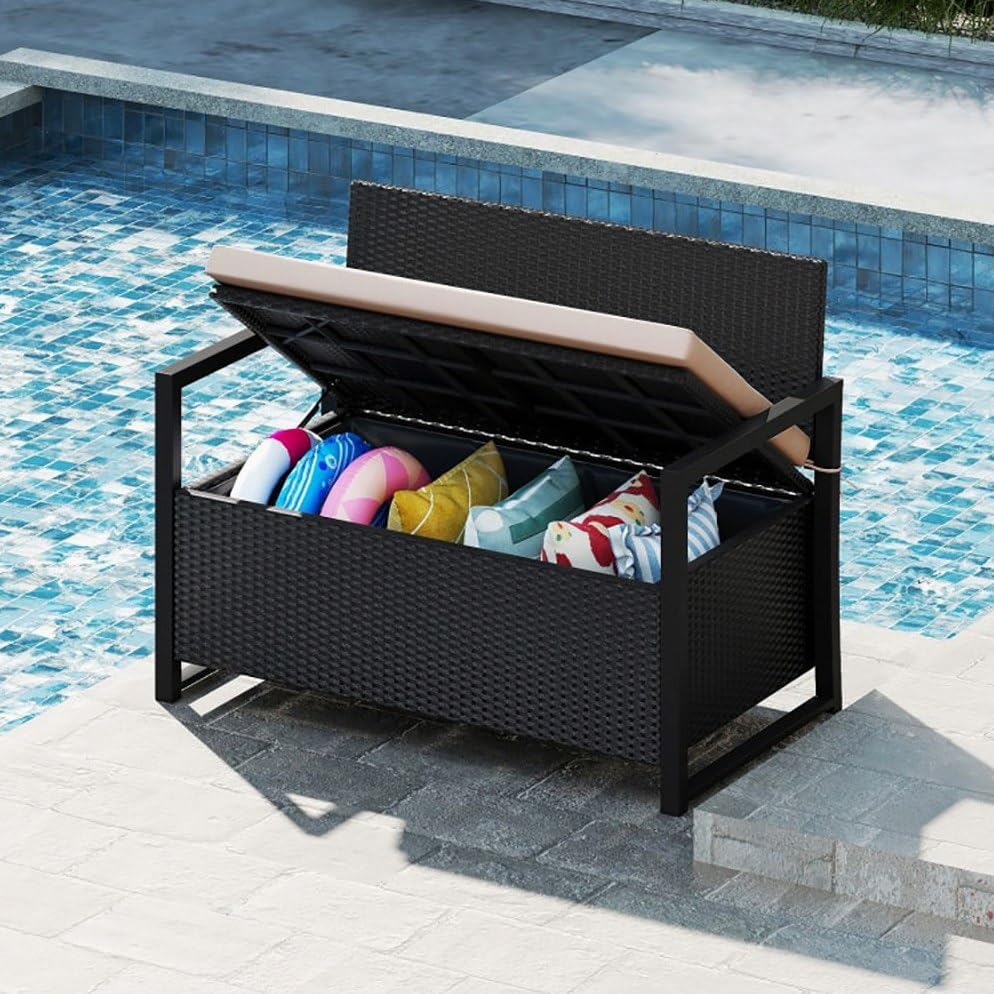 PE Rattan Metal Frame Rustic Storage Bench with 40 Gal Compartment 800lb Capacity Weather-Resistant 24.5x46x33.5in for Patio - Brown