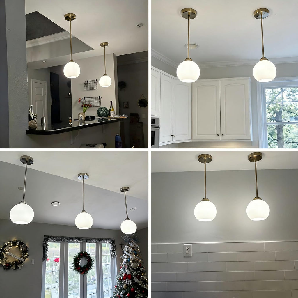 2 Pack Gold Globe Pendant Lights, Mid Century Gold Pendant Light Fixtures, Globe Pendant Lights Kitchen Island with Milk Glass Shade Adjustable Hanging Fixture for Dining Room (Bulbs not Included)