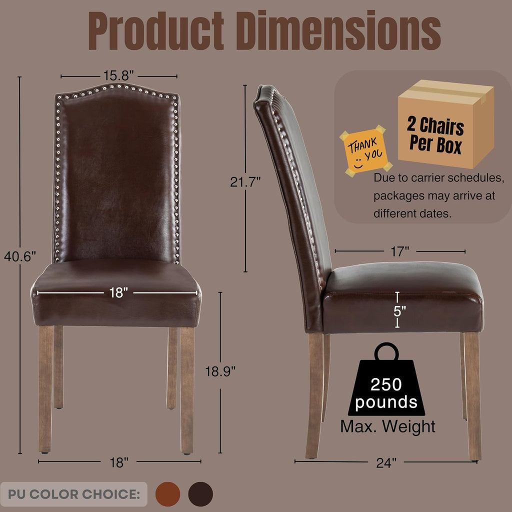 Upholstered Dining Chair Stylish Parsons Kitchen High Back with Silver Nailhead Trim & Wood Legs, 4-Pack, PU Dark Brown