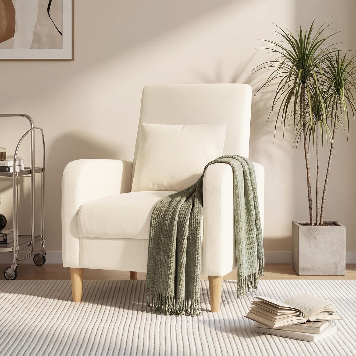 COLAMY Mid-Century Modern Upholstered Accent Chair with Back Pillow & Solid Wood Legs, Fabric Cozy Armchair for Living Room, Bedroom, Reading Nook, Apartment & Small Spaces, Beige
