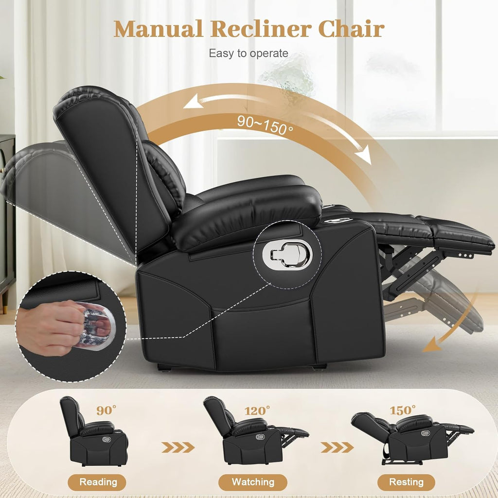 Recliner Chair for Adults, Oversized PU Leather Loveseat Recliner Manual Pull Tab Reclining Chair with Cup Holders, Minimalist Style Single Sofa for Living Room, RV (Black)