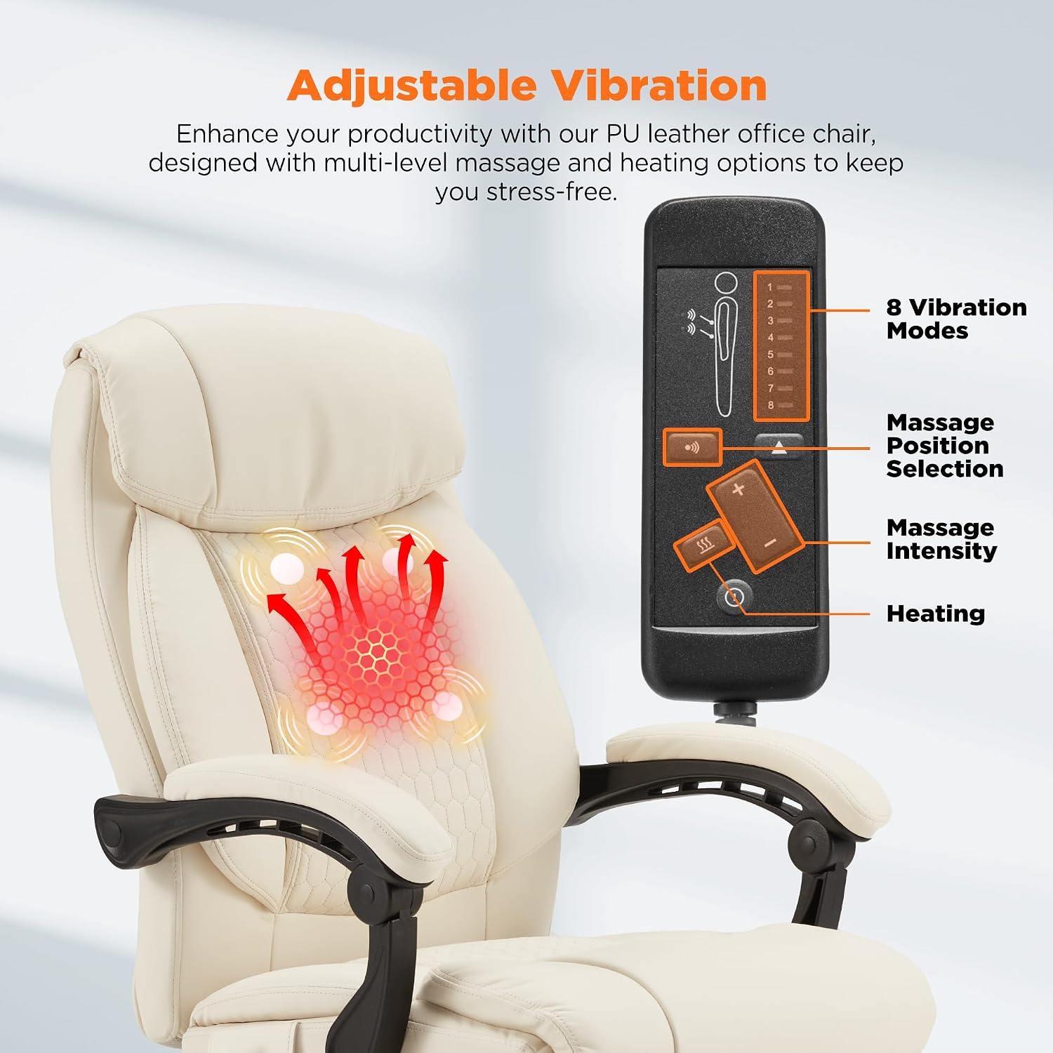 HOMREST Heated Office Chair, Beige | Vibrating Massage, Ergonomic Executive Desk Chair, Retractable Footrest and Lumbar Support, High-Back Reclining PU Leather