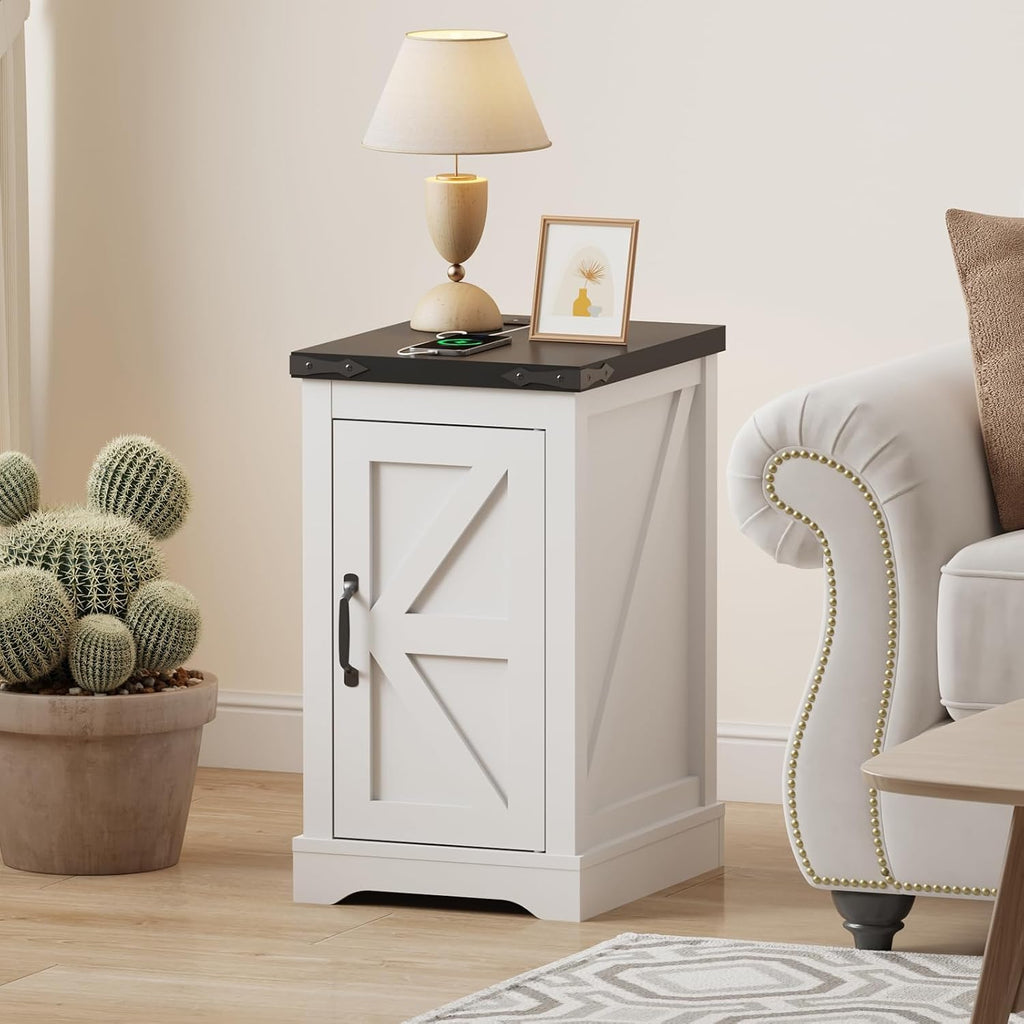 Farmhouse End Table with Charging Station & 2 USB-c Ports | Modern Bedside Table with 2 AC Outlets, Adjustable Shelf, Cable Management | Convenient Power End Table for Bedroom, Living Room
