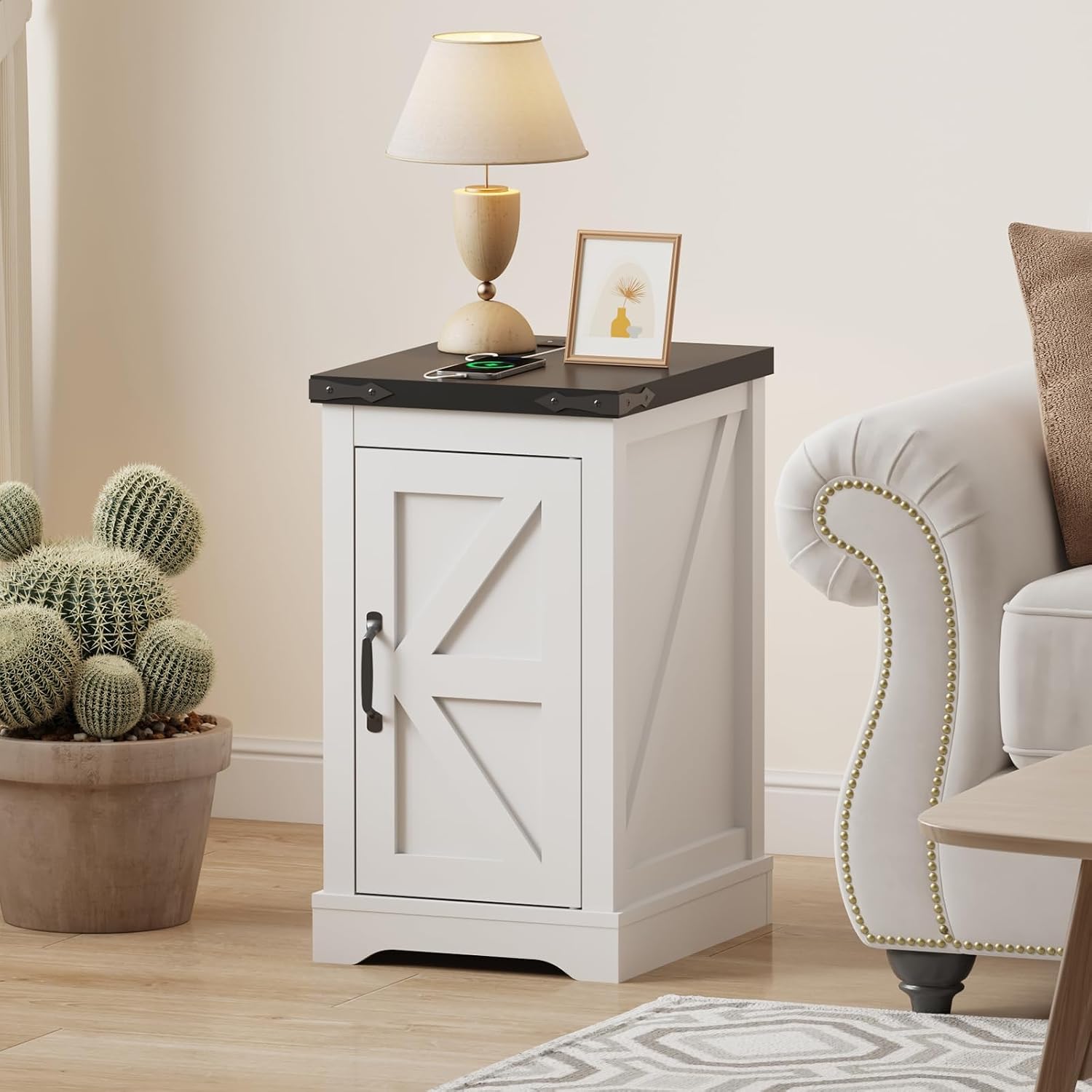 Farmhouse End Table with Charging Station & 2 USB-c Ports | Modern Bedside Table with 2 AC Outlets, Adjustable Shelf, Cable Management | Convenient Power End Table for Bedroom, Living Room