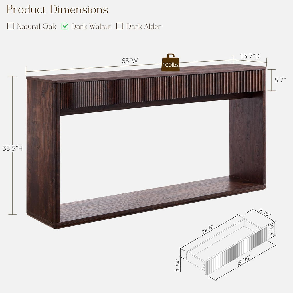 OKD 63" Fluted Console Table for Entryway, Modern Entryway Table with 2 Large Drawers, Long Sofa Table Behind Couch for Living Room, Hallway, Couch, Foyer，Dark Walnut