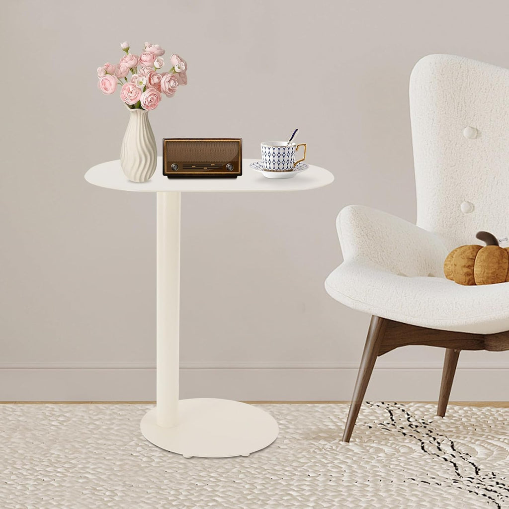 C Shaped End Table for Small Spaces, Slim Nightstand Bedside Couch Slide Under Table for Laptop Snacks, 25in Height Heavy Duty Iron Sofa Side Table, Cream White