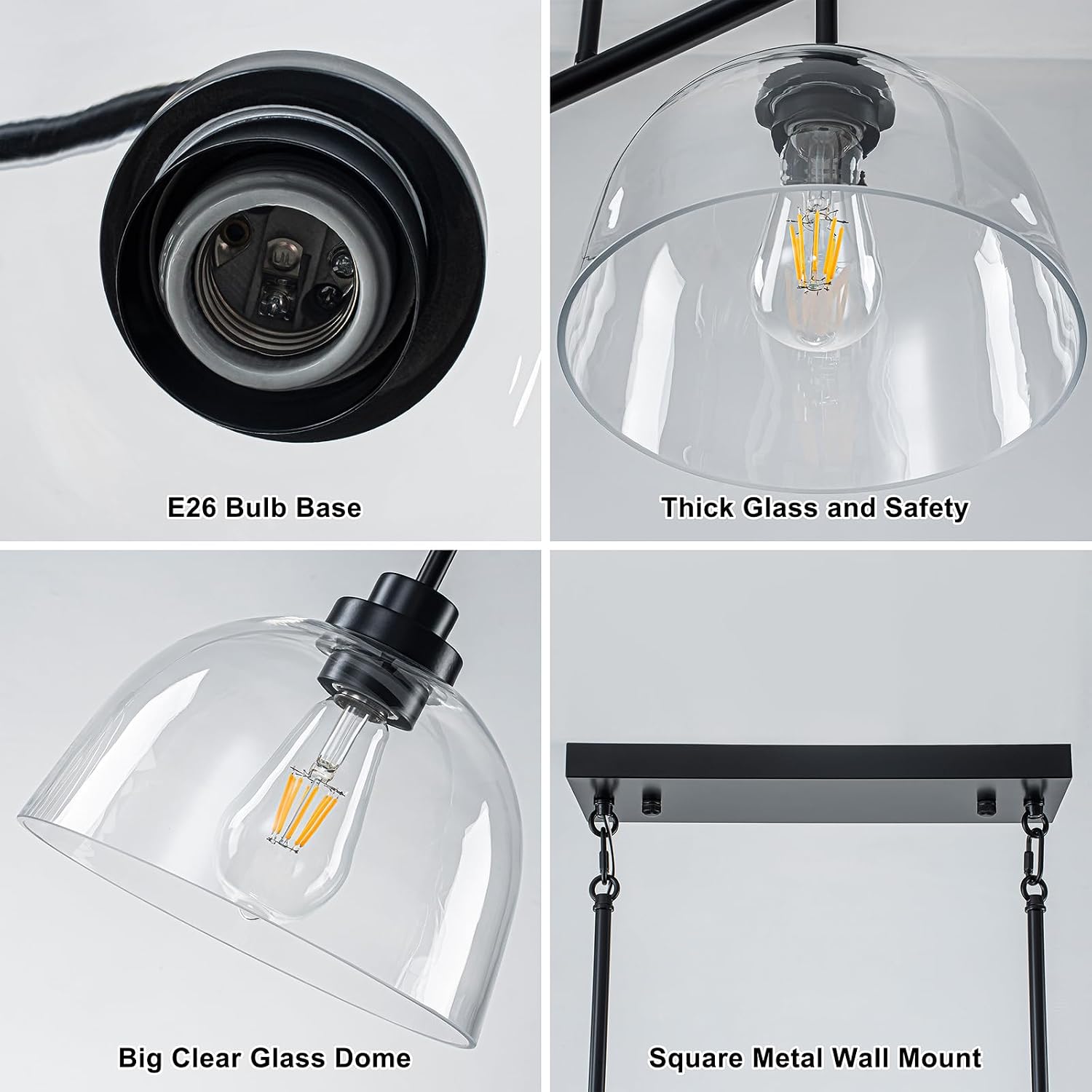 GoYeel 39.37" Kitchen Island Lighting, Large Dining Room Chandelier Over Table Black Pendant Lights Kitchen Island with 3 Big Clear Glass Dome,Height Adjustable,E26 Base