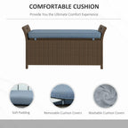 27 Gallon Wicker Storage Bench, Outdoor Woven Rattan Garden Storage Box with Handles and Cushion, Blue