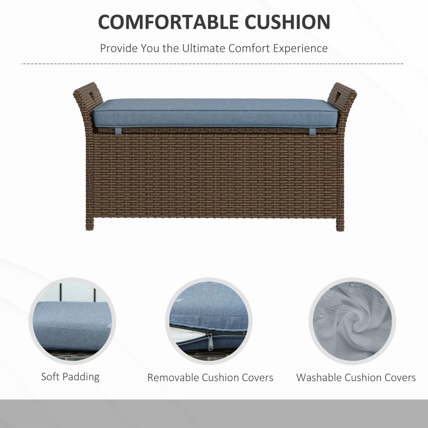 27 Gallon Wicker Storage Bench, Outdoor Woven Rattan Garden Storage Box with Handles and Cushion, Blue