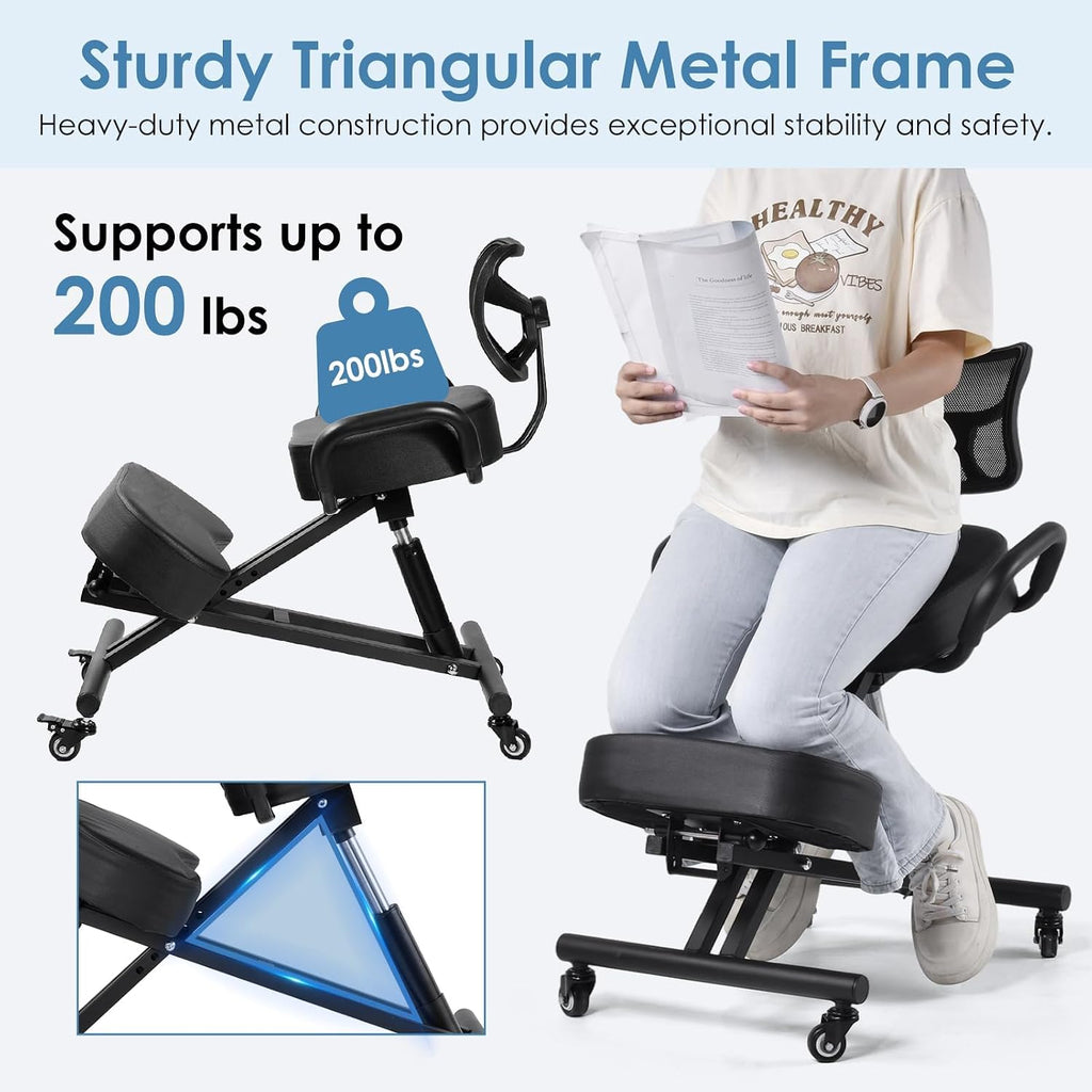 Adjustable Ergonomic Kneeling Chair with Wheels for Home Office, Study & Meditation - Portable Design for Healthy Posture Support, Ideal for Students & Adults with Backrest Refer to Description