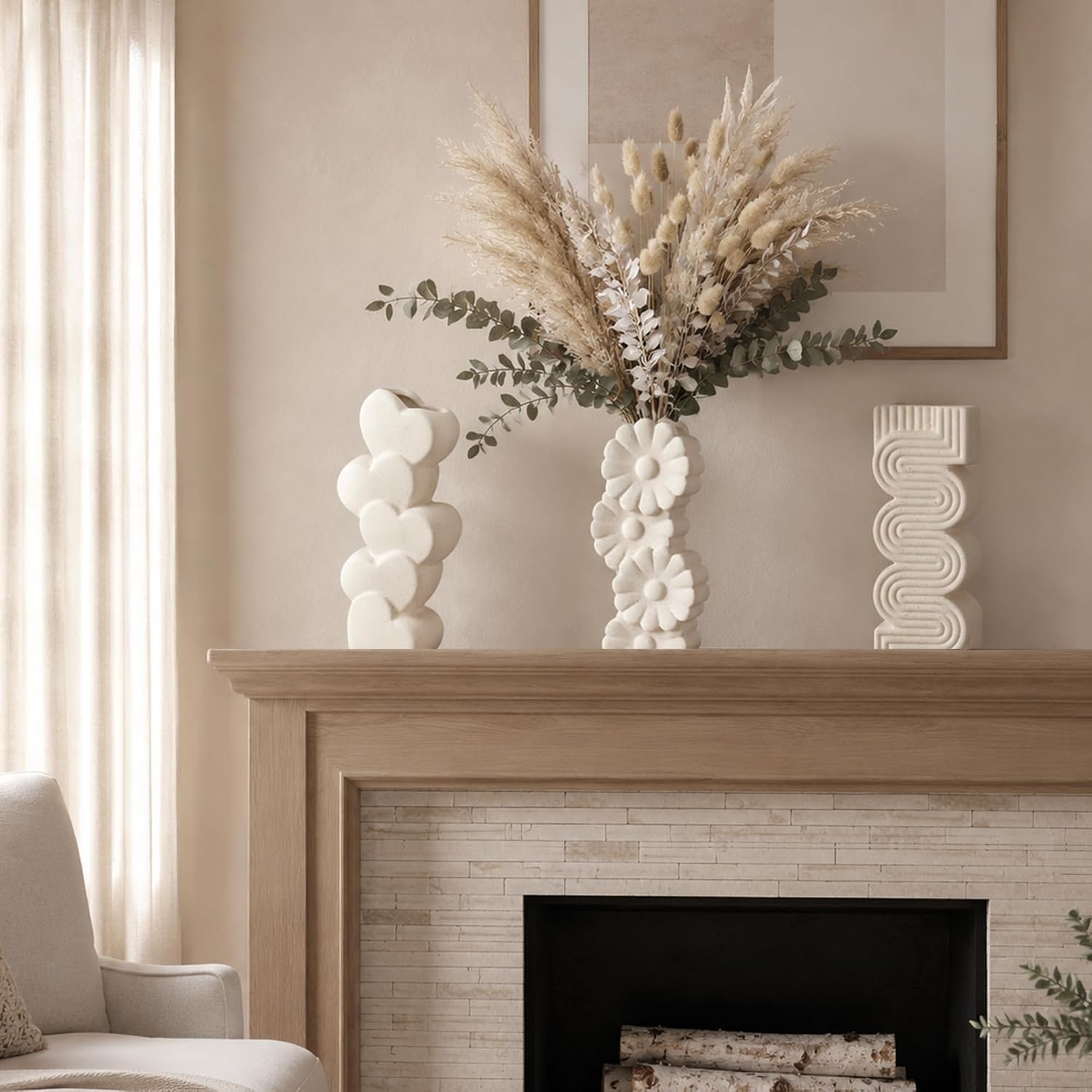 White Ceramic Flower Vases Table Decor Heart Shaped Vase Set of 3 | Nordic Heart Shaped Vases Minimalist Decorative Vase for Table Centerpiece Wedding Dining Living Room Office House Decoration