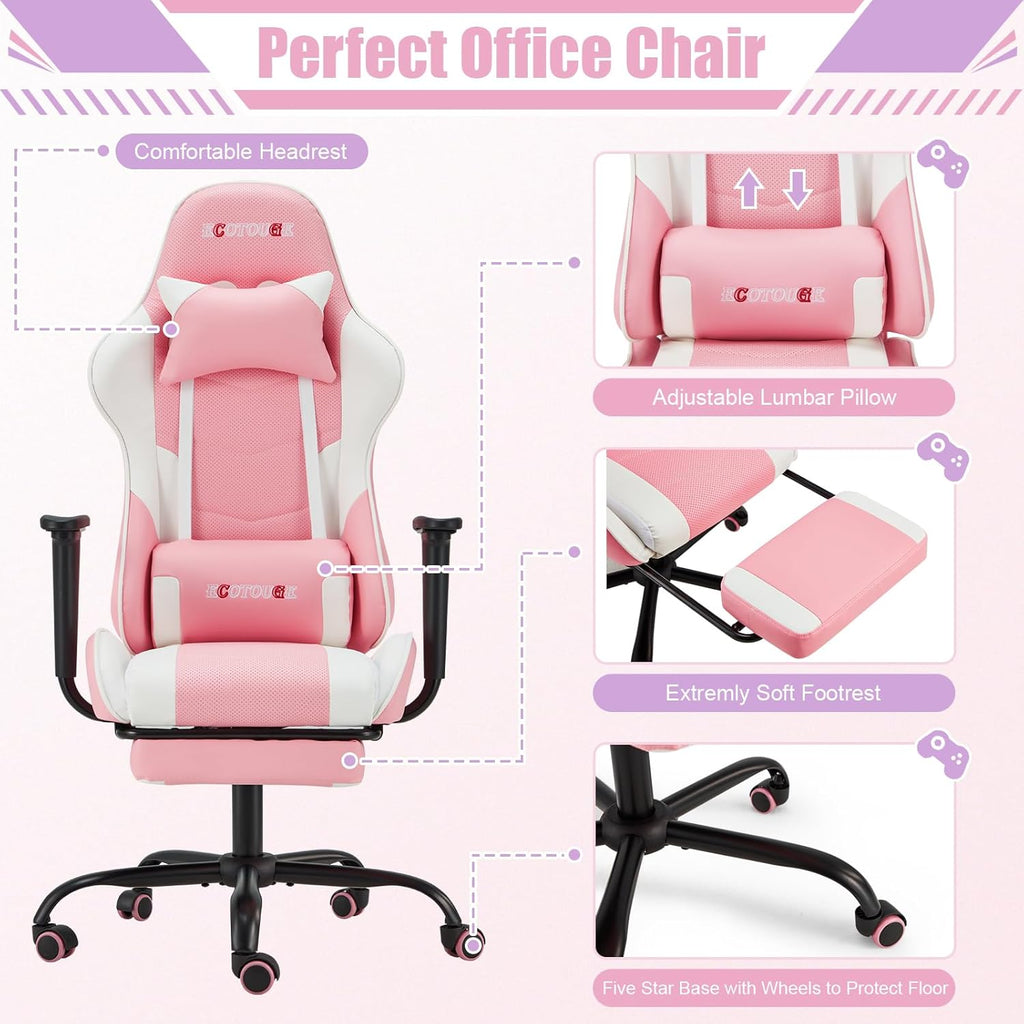 ECOTOUGE PC Gaming Chair Massage Ergonomic Office Desk Chair Racing PU Leather Recliner Swivel Rocker with Headrest and Lumbar Pillow, Pink-White