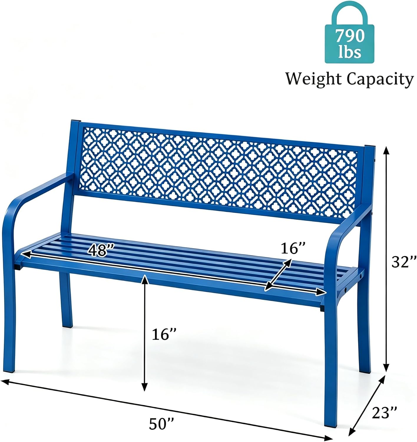 Heavy Duty Blue Steel Patio Garden Bench for 2 – 50" Wide, 790 lbs Capacity – Weather Resistant – Geometric Backrest & Slatted Seat – Porch, Deck, Entryway – Blue