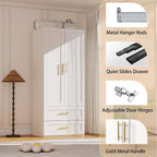 White Wardrobe with 2 Doors: 75" Tall Armoire Wardrobe Closet with 2 Drawers, Bedroom Closet Cabinet for Hanging Clothes, Wooden Storage Armoire with Shelves (Contemporary, 1)
