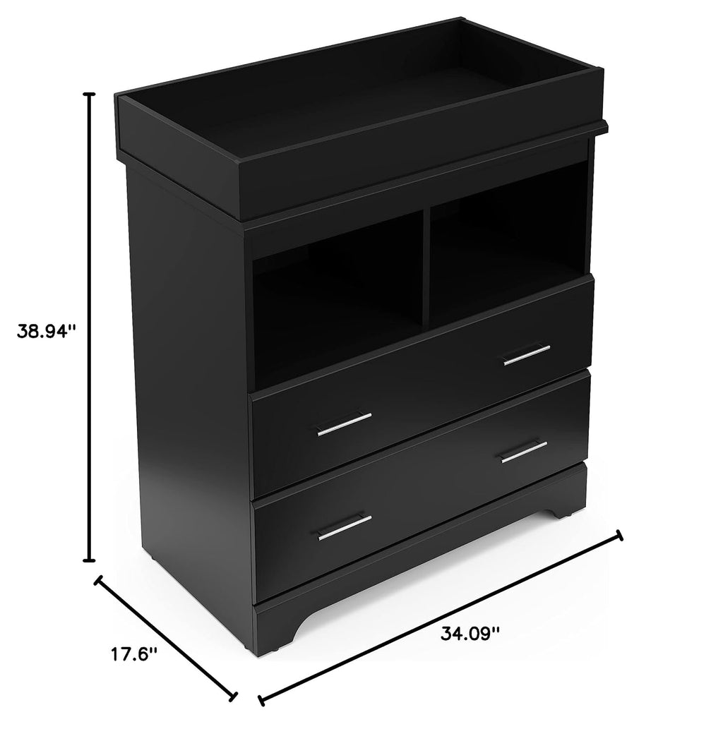 Storkcraft Brookside 2 Drawer Changing Table Dresser, Black | GREENGUARD Gold Certified Baby Dresser with Removable Changing Table Topper, Includes Interlocking Drawer System