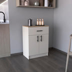 Pantry Organizer Cabinet, 33" H with Drawer, Shelves & Doors, Ivory/Natural Oak, Kitchen Storage Solution