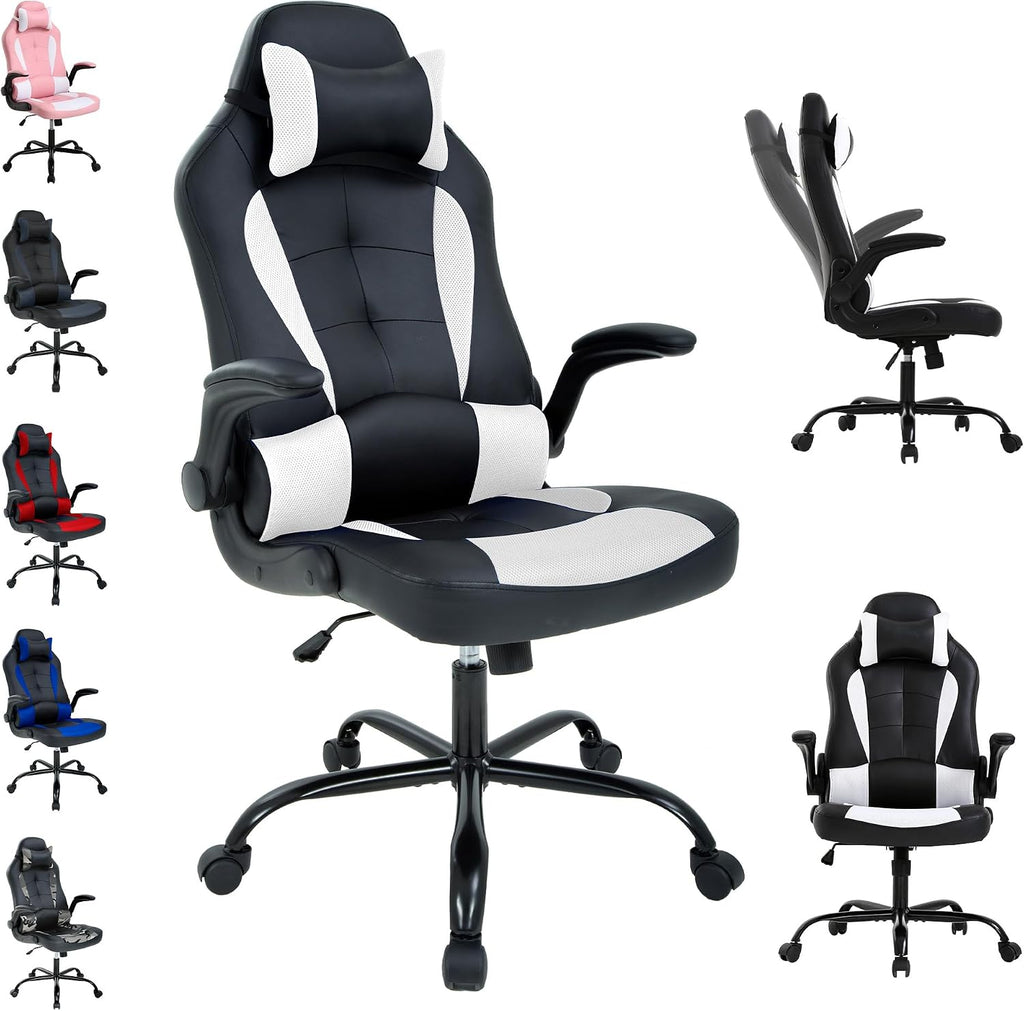 Cheap Video Game Chair, PC Gaming Chair Ergonomic Computer Game Chair with Headrest and Lumbar Support Adjustable Armrest PU Leather High Back Racing Swivel Office Chair for Adults Kids White