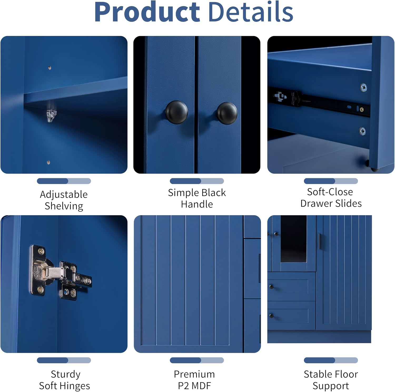 Merax Modern Large Kitchen Pantry with 6 Doors, 53.2''Lx17.7''W Storage Cabinet Cupboard with Drawers, Adjustable Shelves, Pull-Out Trays and Wine Rack for Dining Room, Blue