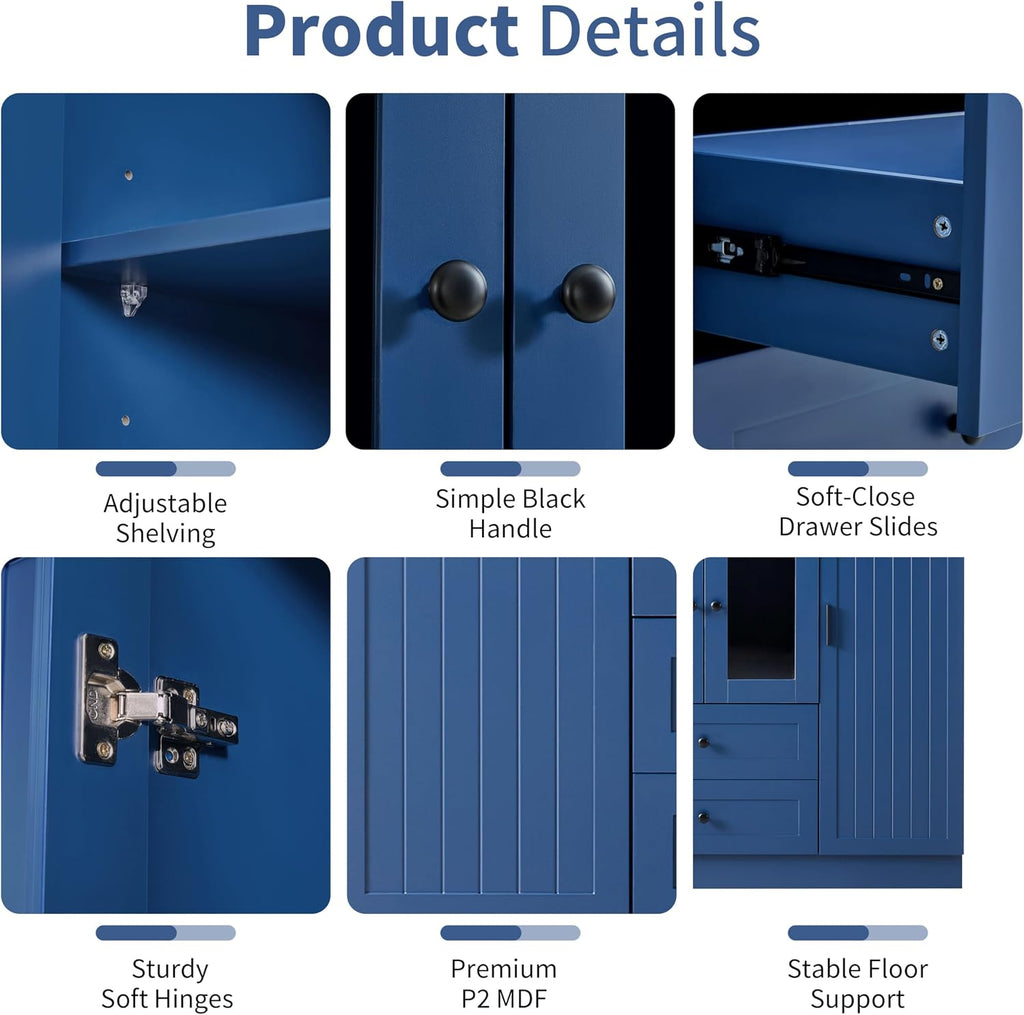 JIVOIT 71''H Large Kitchen Pantry with 6 Doors, Drawers, Adjustable Shelves, Door Shelves, Pull-Out Trays and Wine Rack, Modern Wood Storage Cabinet Cupboard for Dining Room (Blue/170)