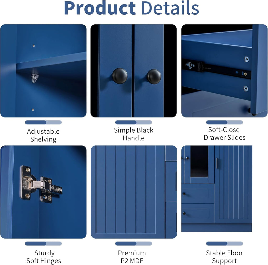 Modern Pantry Storage Cabinet with Adjustable Shelves and Drawers, 6 Doors Wood Cupboard with Pull-Out Trays and Wine Rack for Dining Room, Kitchen (Blue)