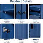 Modern Pantry Storage Cabinet with Adjustable Shelves and Drawers, 6 Doors Wood Cupboard with Pull-Out Trays and Wine Rack for Dining Room, Kitchen (Blue)
