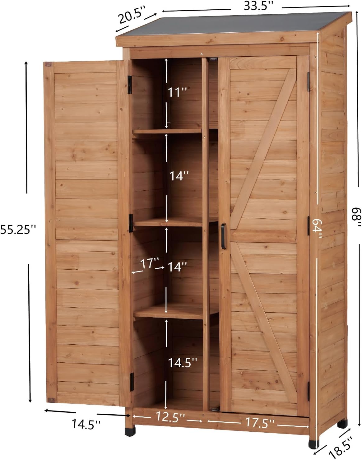 Outdoor Metal Top Wooden 3 Adjustable Shelves Storage Sheds Garden(Light Brown)