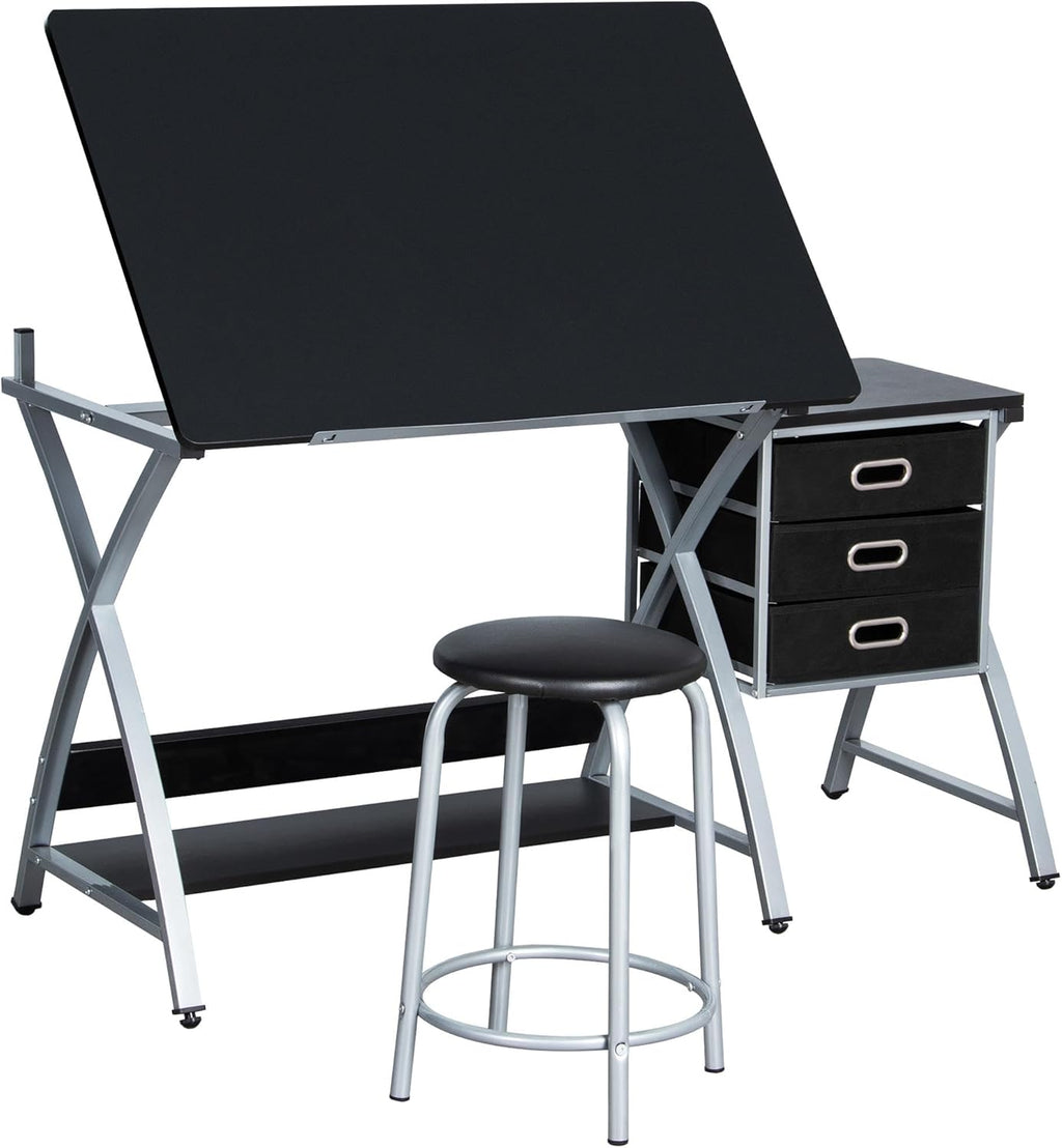 Yaheetech Drafting Desk, Drawing Table for Artists/Adults, Art Desk w/Stool and 3 Slide Drawers, Painting Studio Design Work Station, Adjustable Tabletop, Modern, 50.5 x 24 x 45 inch