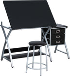 Yaheetech Drafting Desk, Drawing Table for Artists/Adults, Art Desk w/Stool and 3 Slide Drawers, Painting Studio Design Work Station, Adjustable Tabletop, Modern, 50.5 x 24 x 45 inch