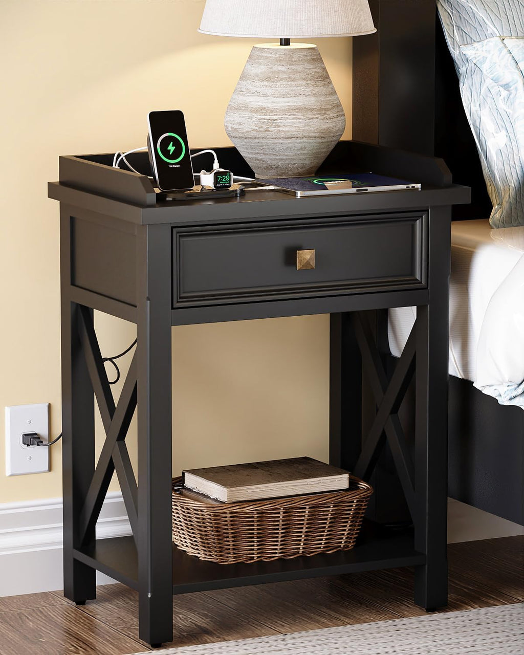 karlott 28" Nightstand with Charging Station, Solid Wood Night Stand with Pre-Assembled Drawer, Painted Bedside Table with Storage Shelf, Farmhouse End Side Table for Bedroom, Living Room, Black