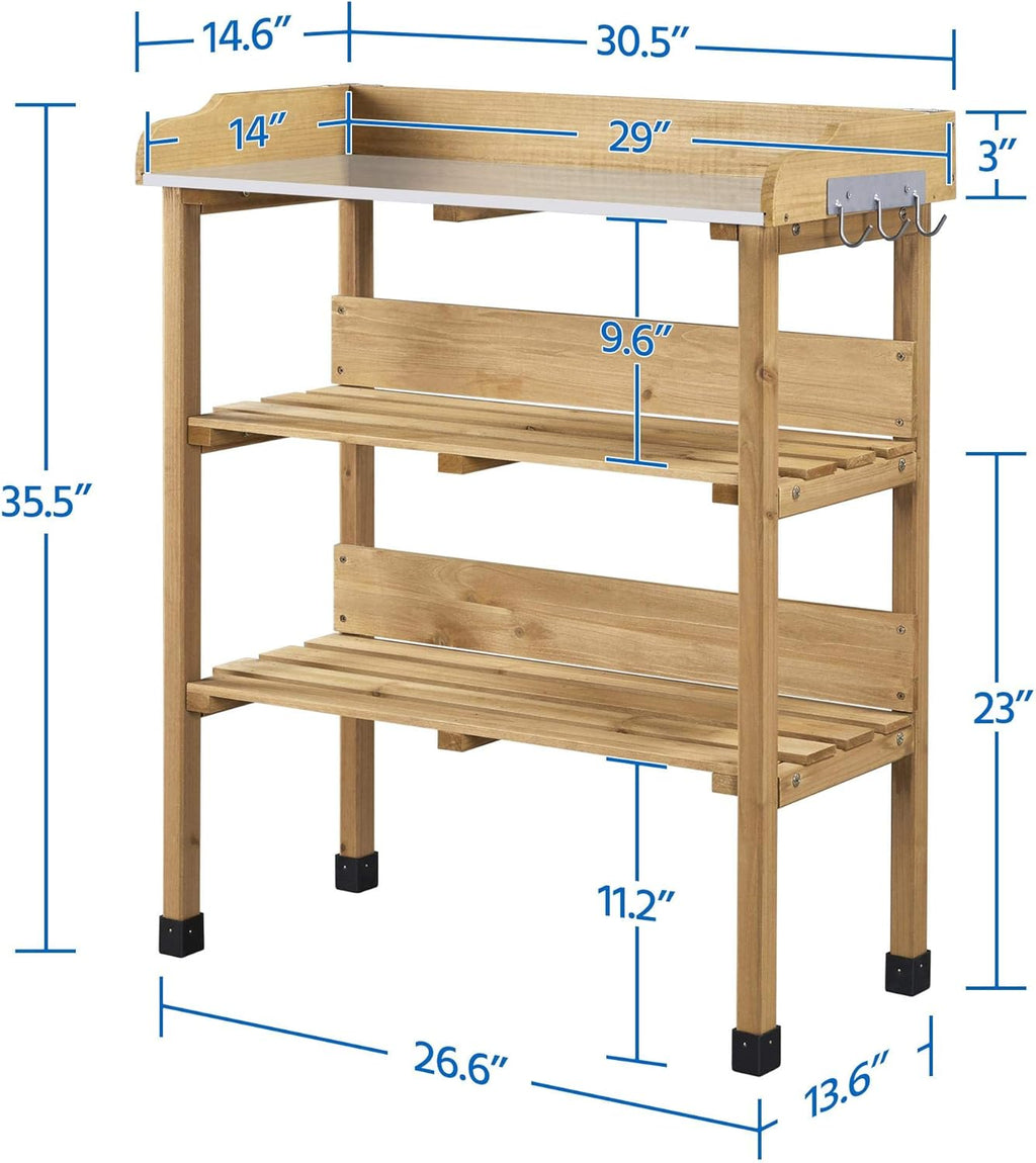 costoffs Wooden Potting Bench Table Garden Fir Wood Potting Table with Storage Shelf and Hooks, 77x37x90 cm Wood