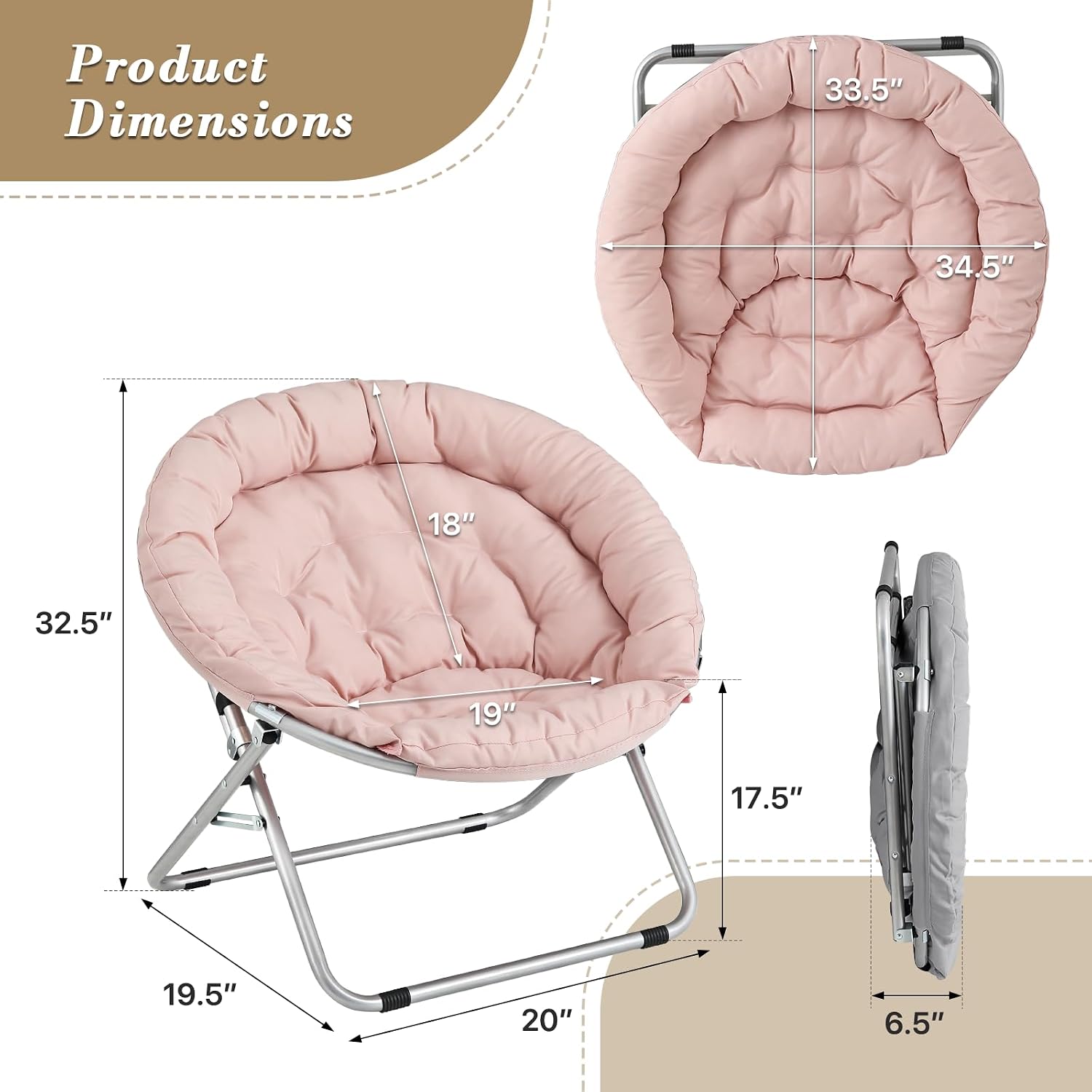 Athena Collection Comfy Saucer Chair Folding Cozy Chair for Bed Room Living Room Accent Chair Fabric Reading Chair Foldable Metal Frame Lazy Chair Moon Chair for Adult, Pink