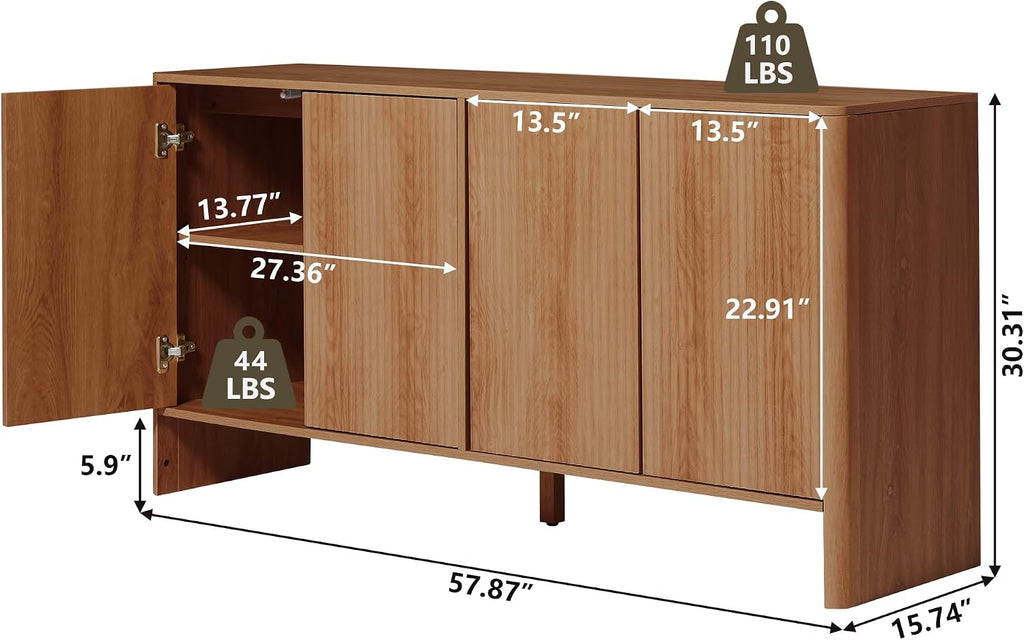 Walnut Sideboard Cabinet, Mid Century Farmhouse Fluted Credenza Sideboard Long Buffet Cabinet with Storage for Kitchen, Dining Room Coffee Buffet, Office, Living Room TV, Entryway, Hallway - 4 Doors