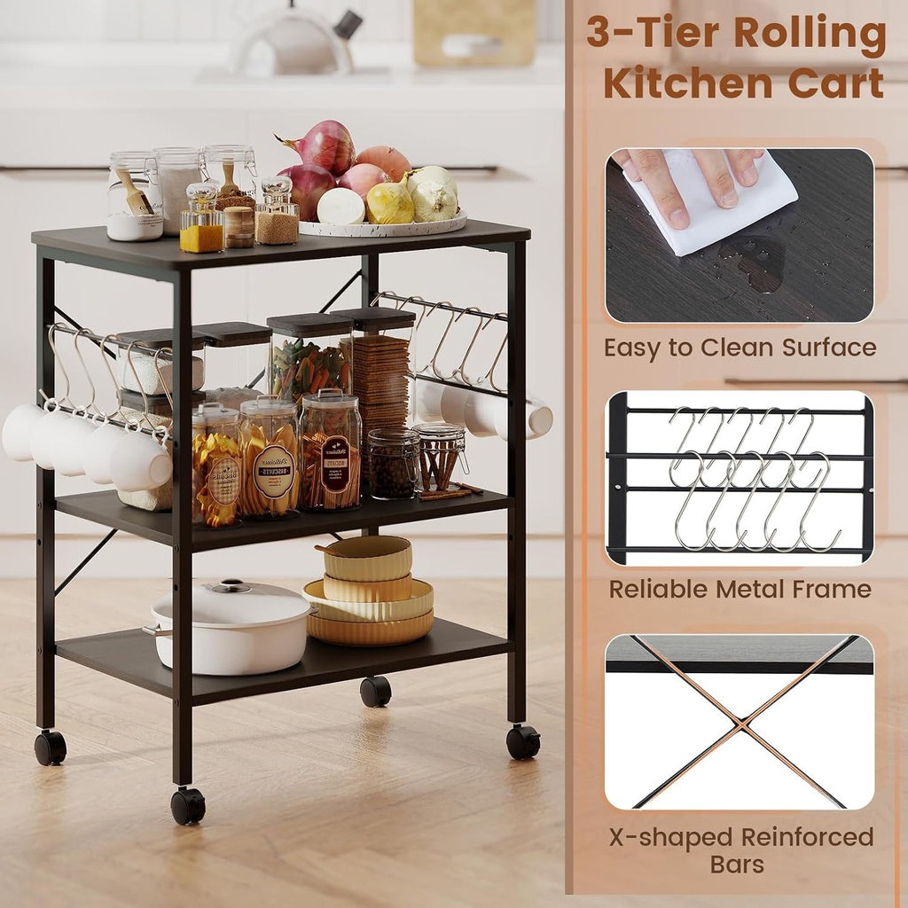Giantex Kitchen Bakers Rack 3-Tier Microwave Cart on Wheels, Industrial Utility Bar Cart with 10 Hooks Metal Frame Wood Storage Shelves, Rolling Microwave Stand