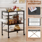 Giantex Kitchen Bakers Rack 3-Tier Microwave Cart on Wheels, Industrial Utility Bar Cart with 10 Hooks Metal Frame Wood Storage Shelves, Rolling Microwave Stand
