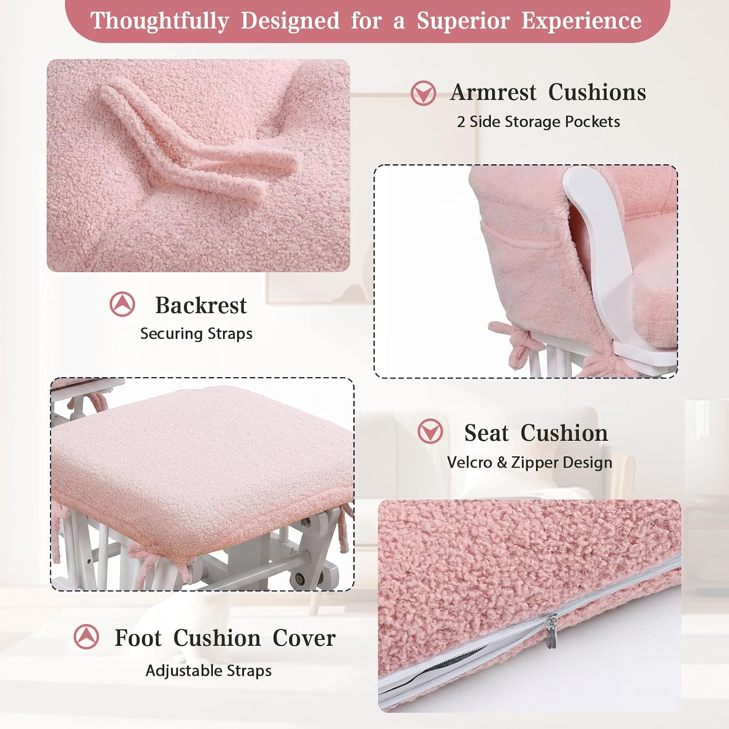 ANMINY 5pcs Glider Rocker Replacement Cushions Set with Ottoman Cover, 3.5Inch Thickened Fleece Glider Rocking Chair Cushions with 29.5Inch Tufted Backrest & Side Pockets for Indoor Nursery, Pink