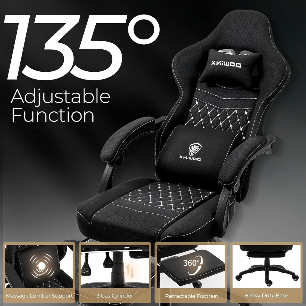 Dowinx Ergonomic Gaming Chair - Breathable Fabric with Gel Pad, Pocket Spring Cushion & Retractable Footrest, Comfortable Gamer Chair with Storage Bag,Deep Black