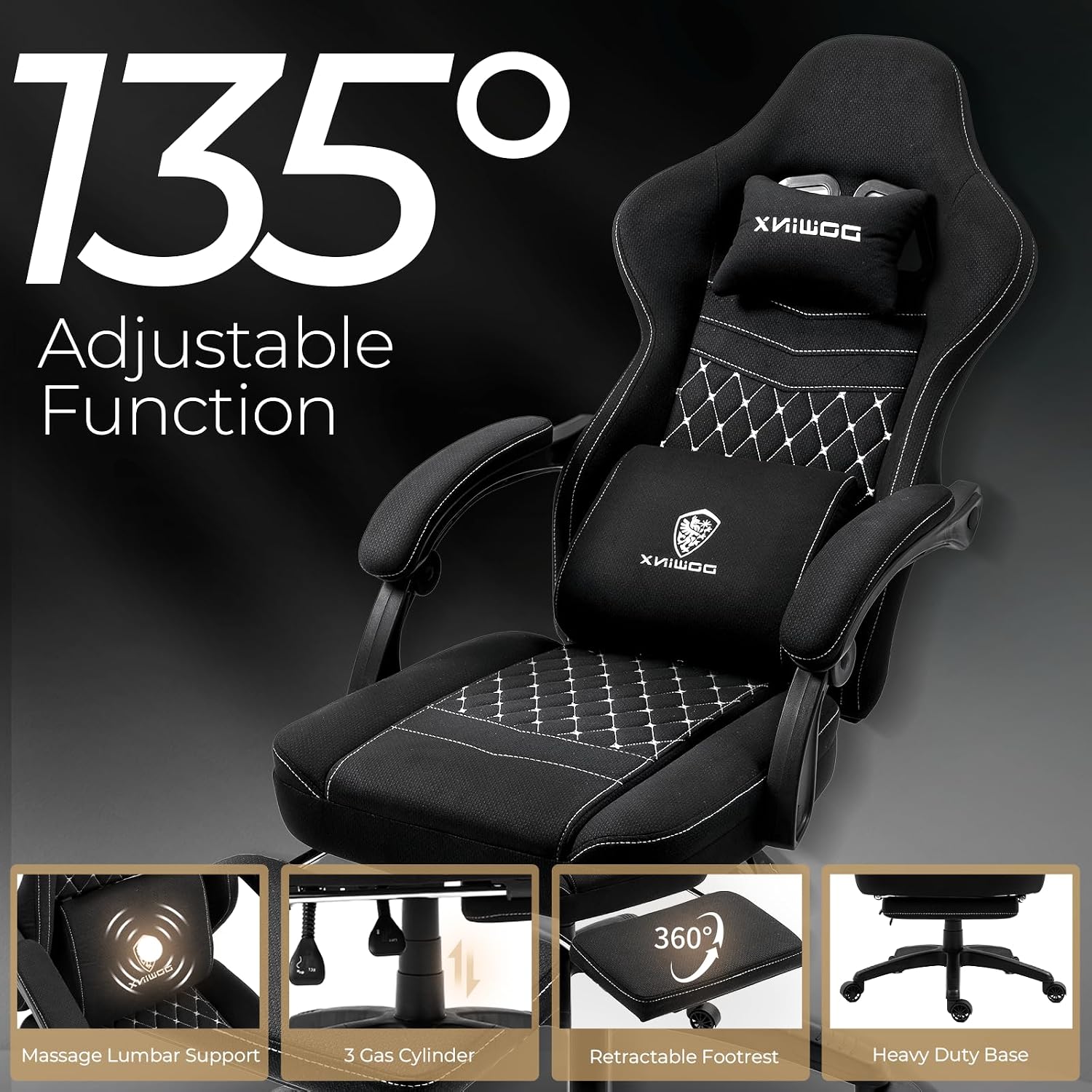 Dowinx Ergonomic Gaming Chair - Breathable Fabric with Gel Pad, Pocket Spring Cushion & Retractable Footrest, Comfortable Gamer Chair with Storage Bag,Deep Black