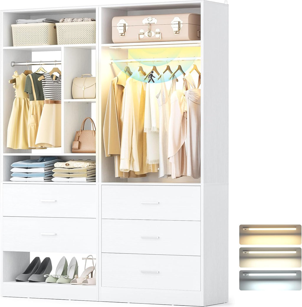 Besiost 4FT Closet Systems with 3CCT Sensor Light, 48 Inch Closet Organizer System with 5 Wood Drawers, 2 Hanging Rods & 7 Shelves, Heavy Duty 48" Walk-in Closet , White (48"L x 15" W x 80" H)