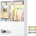 Besiost 4FT Closet Systems with 3CCT Sensor Light, 48 Inch Closet Organizer System with 5 Wood Drawers, 2 Hanging Rods & 7 Shelves, Heavy Duty 48" Walk-in Closet , White (48"L x 15" W x 80" H)