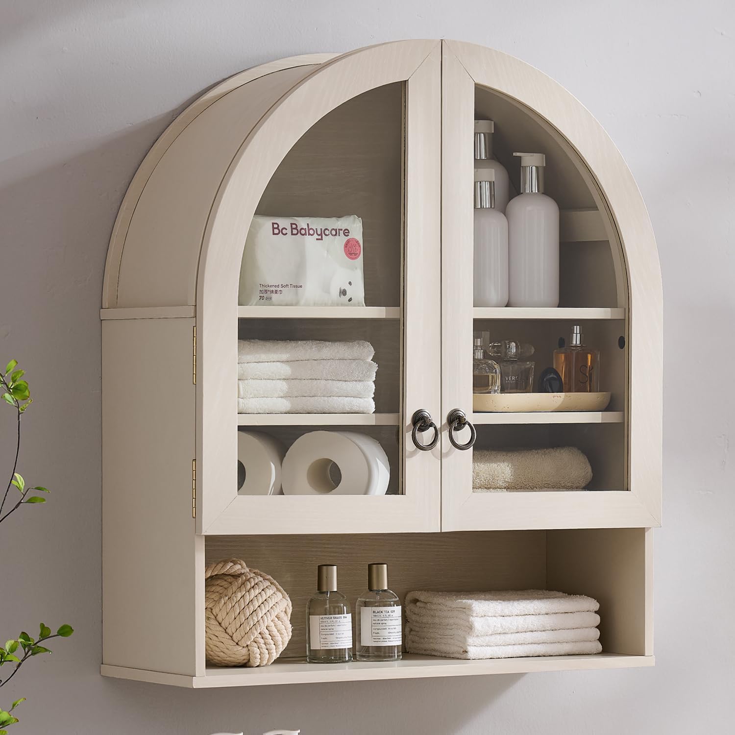 IFGET Bathroom Arched Wall Cabinet, 23.6'' Wide Medicine Cabinet with Adjustable Shelves & Acrylic Glass Doors, Over The Toilet Storage Wall Mount Cabinet for Laundry Room,Kitchen & Living Room, Cream