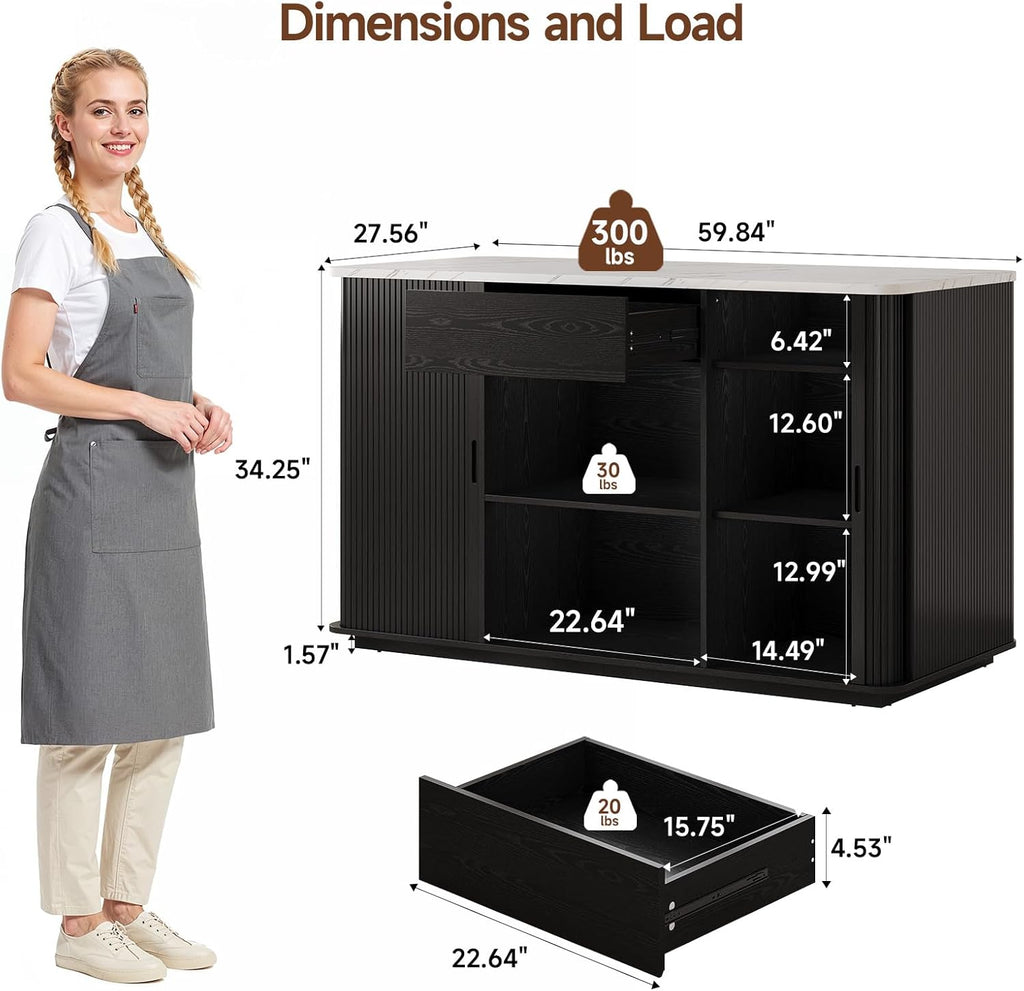 ONBRILL 60" Stationary Kitchen Island with Storage, Fluted Island Table w/Faux Marble Worktop, Sliding Door, Adjustable Shelves, Open Shelves, Mid Century Modern Coffee Bar Station with Drawer, Black